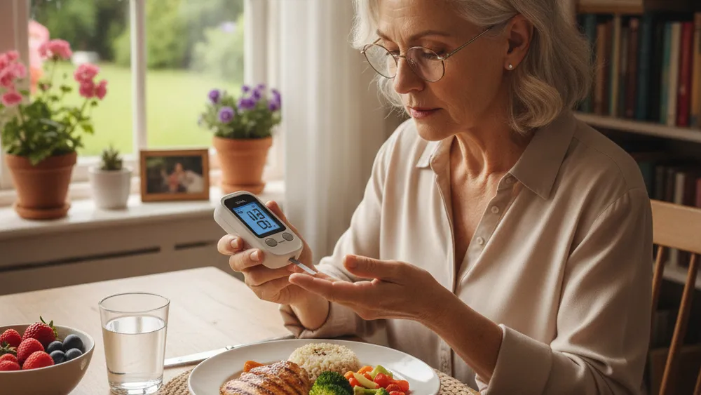 Senior verifiant sa glycemie a table