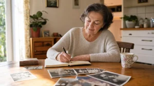 Femme senior écrivant ses souvenirs dans un carnet près de photos de famille
