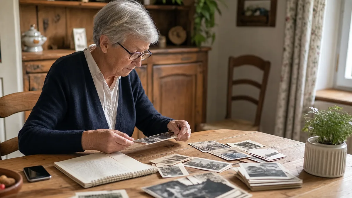 Senior relisant un texte manuscrit avec des photos de famille sur une table