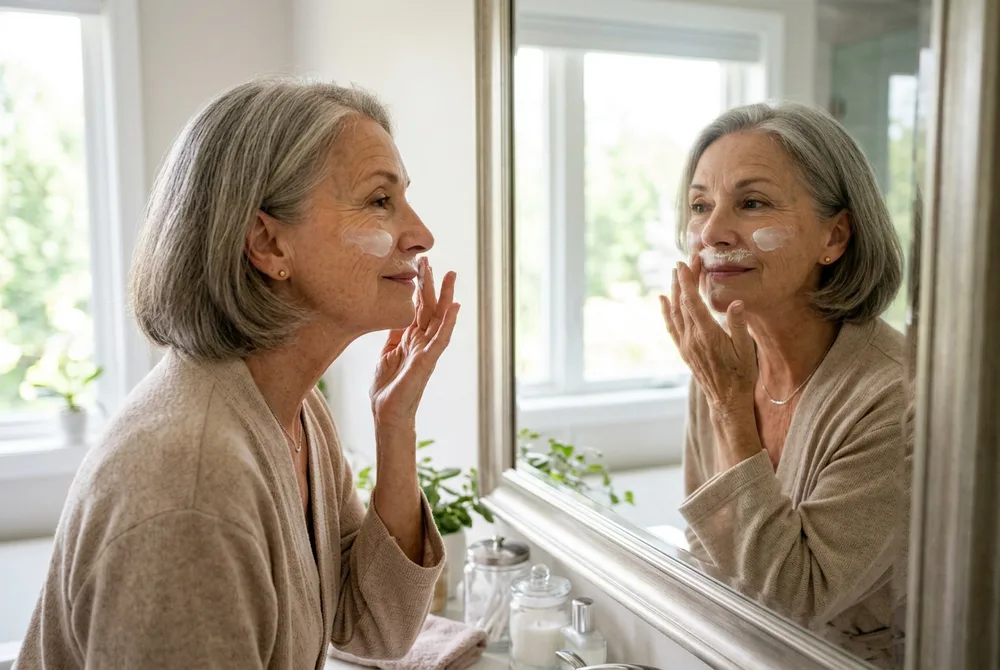 Femme senior appliquant un soin du visage après épilation