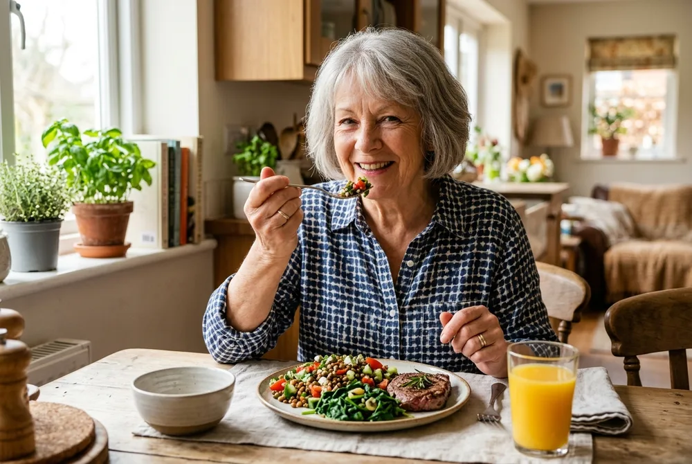 Senior mangeant un repas riche en fer contre l'anémie