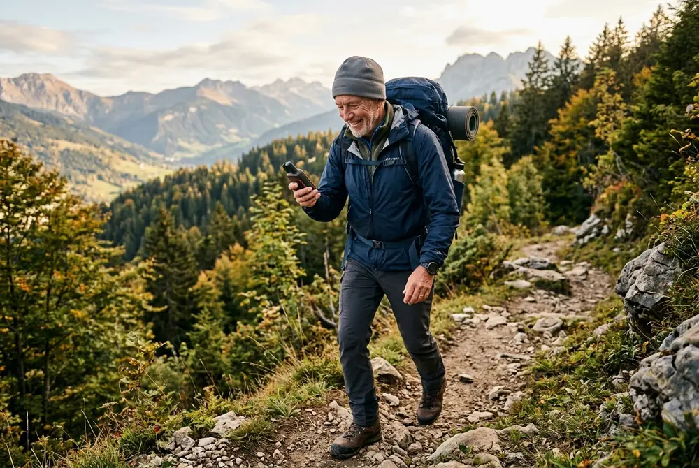 Senior utilisant un GPS de randonnée en pleine nature