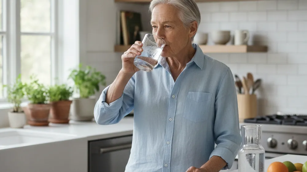 Senior buvant un grand verre d'eau