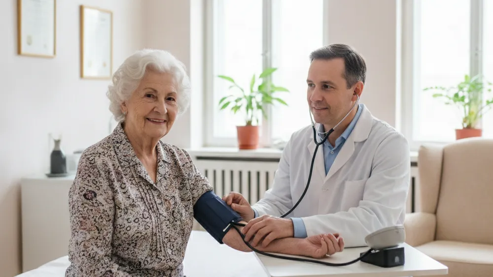 Senior faisant vérifier sa tension artérielle par un médecin