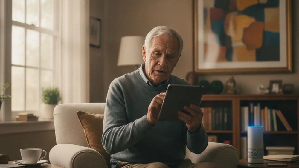 Senior utilisant une tablette avec assistant vocal