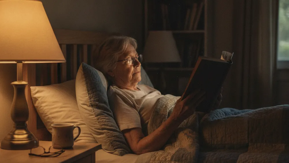 Senior lisant un livre au lit avant de dormir