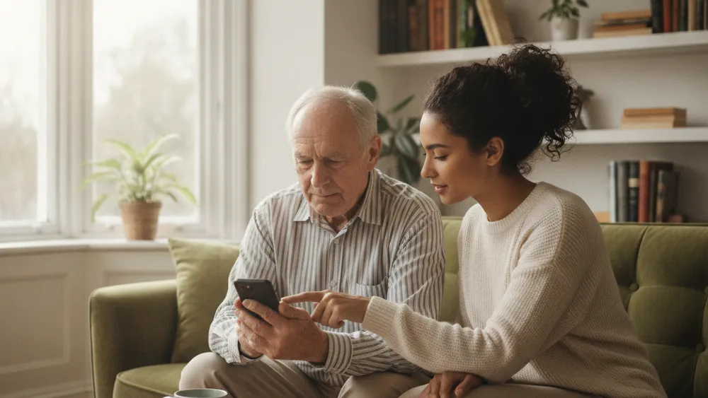Senior apprenant à utiliser un smartphone avec l'aide d'un proche