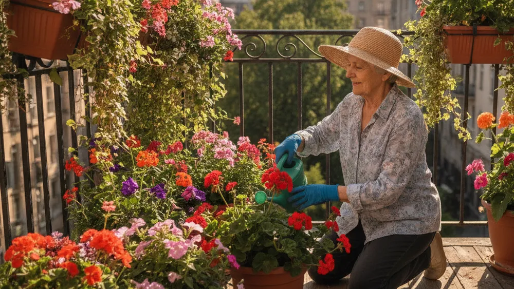 Senior jardinant sur un balcon ensoleille