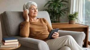Senior écoutant un livre audio confortablement