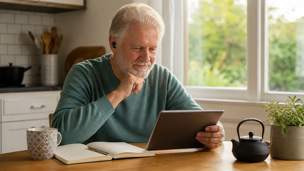 Senior écoutant un livre audio sur une tablette