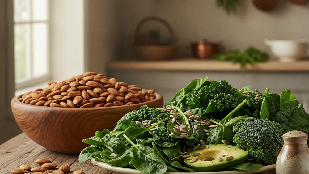 Bol d'amandes et legumes verts riches en magnesium