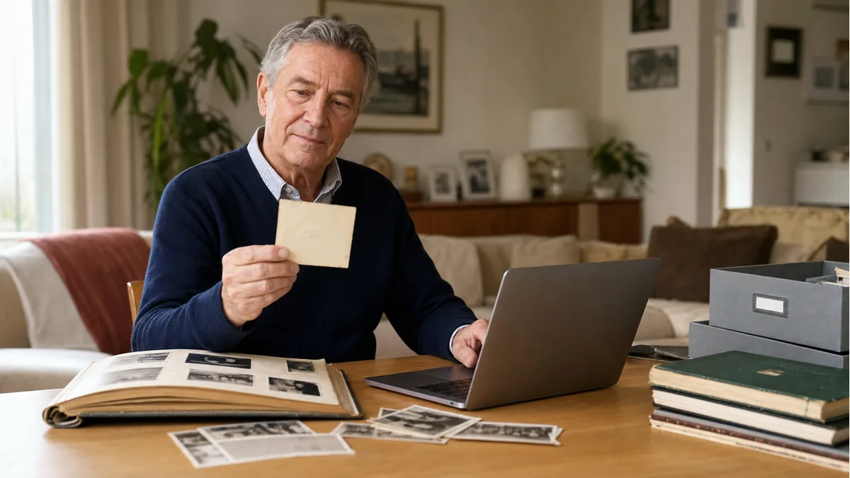 Senior classant des photos anciennes numérisées sur son ordinateur portable
