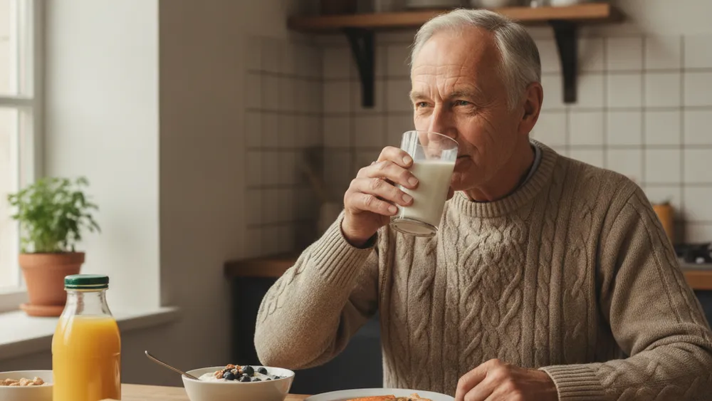 Senior buvant un verre de lait riche en calcium