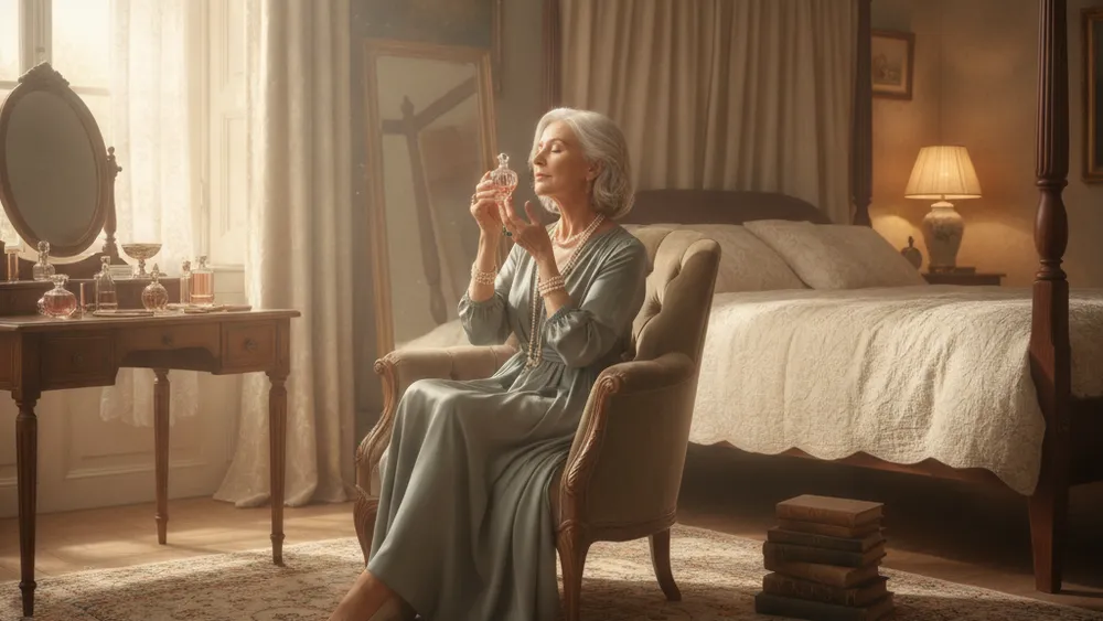 Femme senior sentant un flacon de parfum
