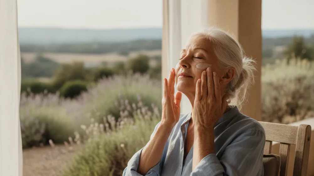 Femme senior appliquant un soin apaisant