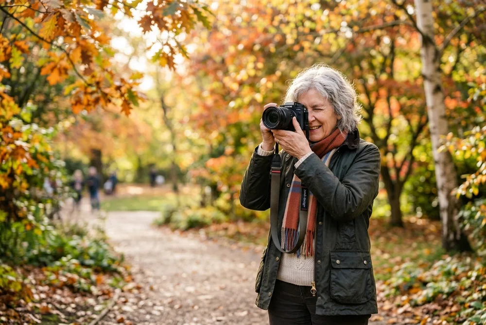 Femme senior photographiant la nature avec un appareil photo