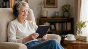 Femme senior ecoutant un podcast avec un casque et une tablette