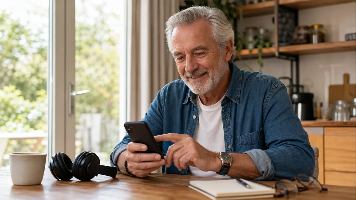 Senior choisissant un podcast sur son smartphone avec un casque