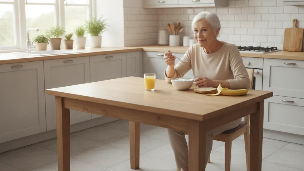 Senior degustant un yaourt nature