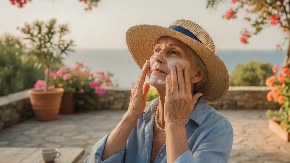 Senior appliquant une creme solaire sur son visage