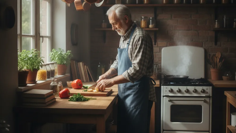 Senior cuisinant un repas simple