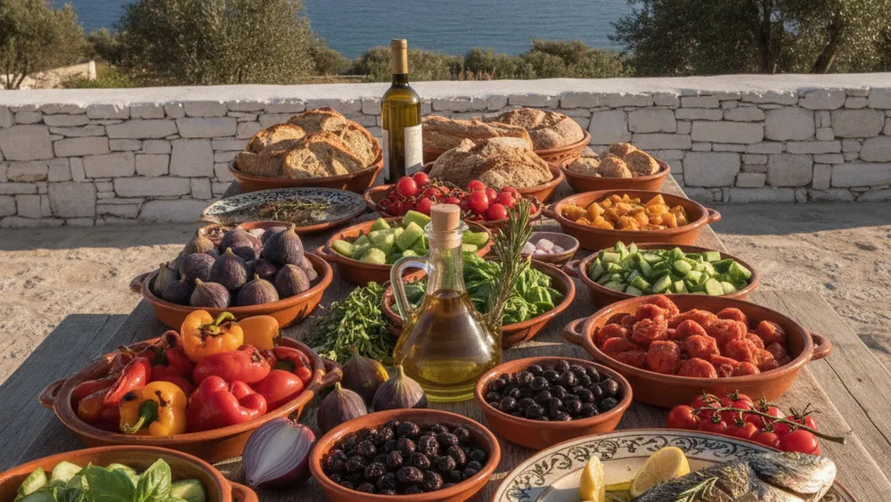 Table mediterraneenne avec huile d'olive et legumes