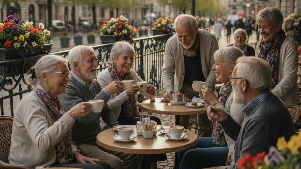 Groupe de seniors se rencontrant autour d'un cafe