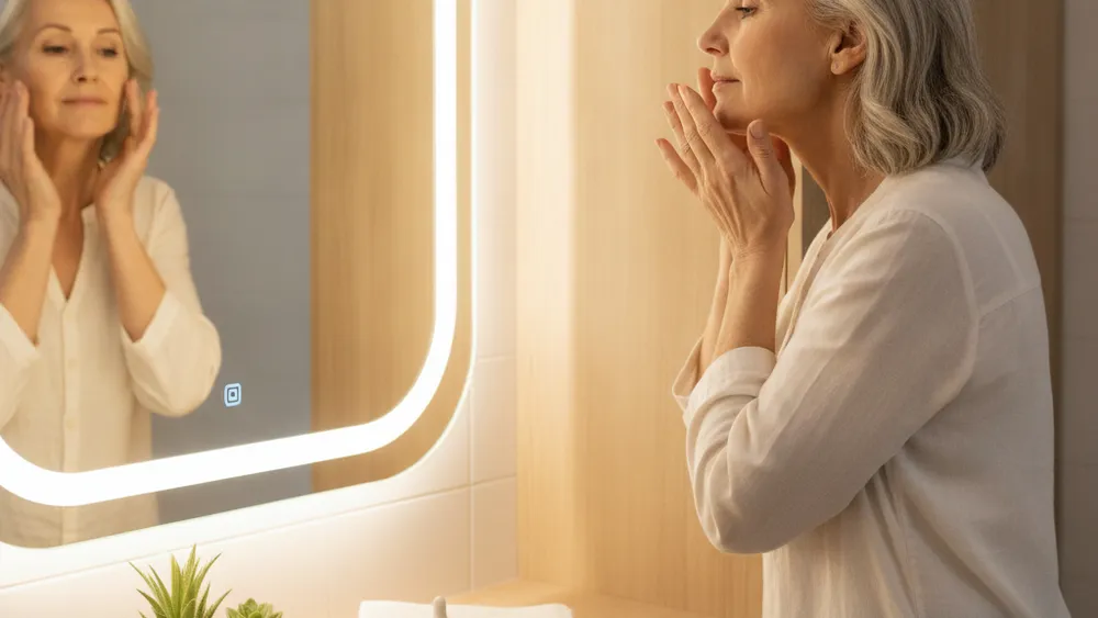 Femme senior appliquant une huile végétale sur son visage