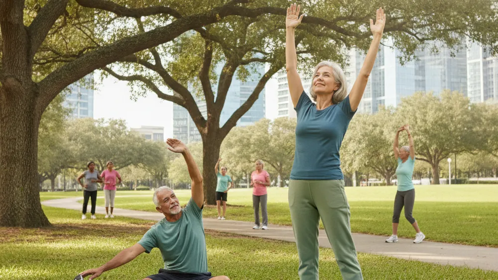 Senior faisant des etirements dans un parc