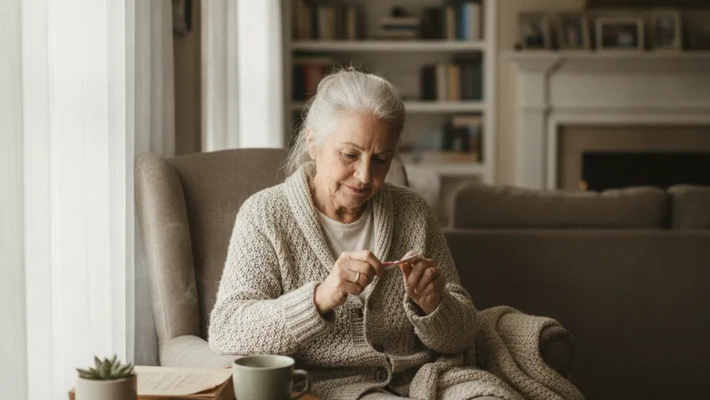 Femme senior se limant les ongles avec soin