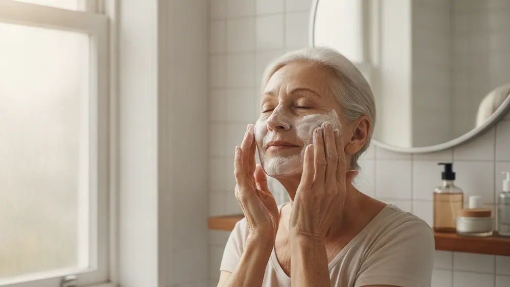 Senior appliquant une creme hydratante riche