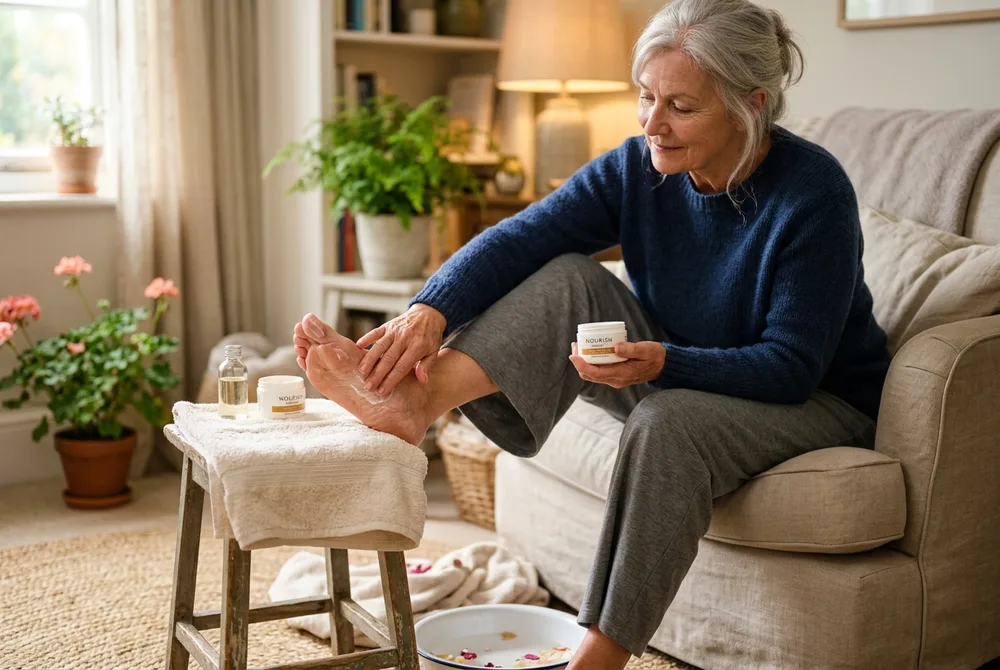 Femme senior appliquant une crème hydratante sur les pieds