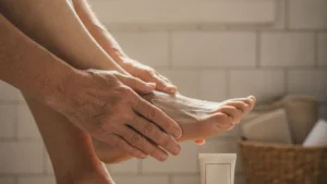 Mains appliquant une crème hydratante pour les soins des pieds senior