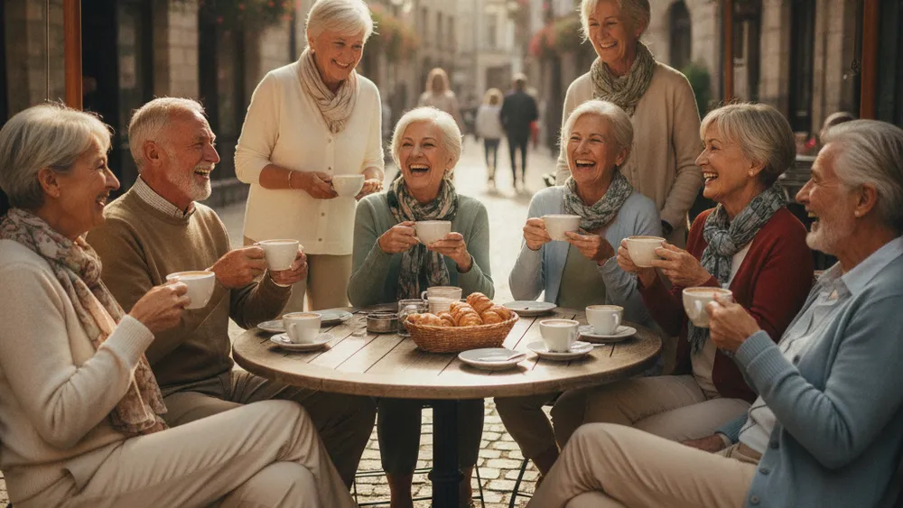 Groupe de seniors souriants autour d'un café en terrasse