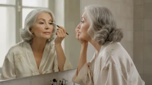Femme senior se maquillant les sourcils clairsemés devant un miroir