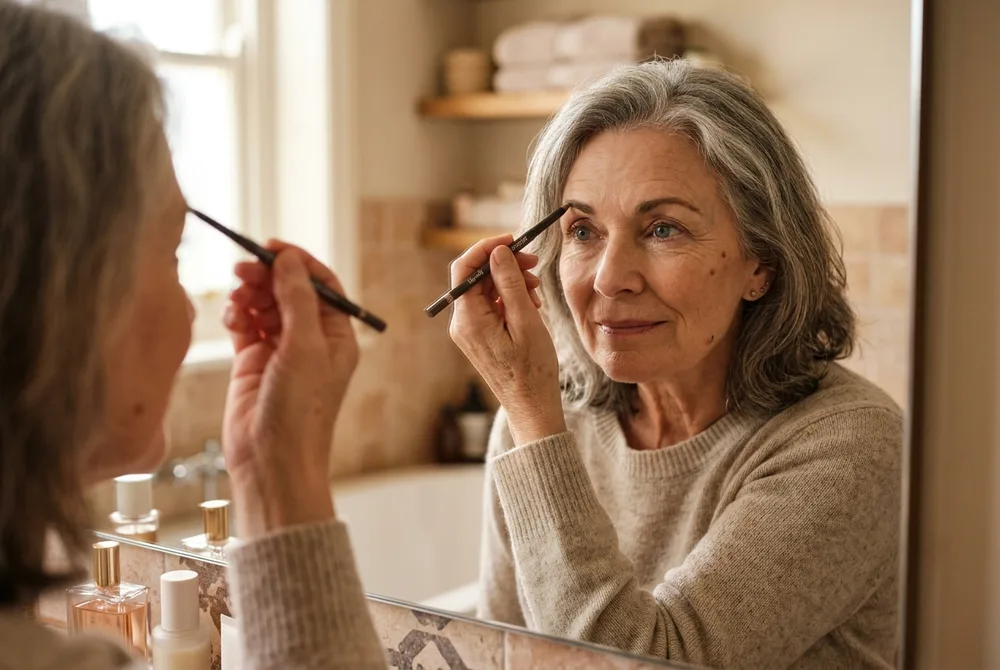 Femme senior redessinant ses sourcils clairsemés