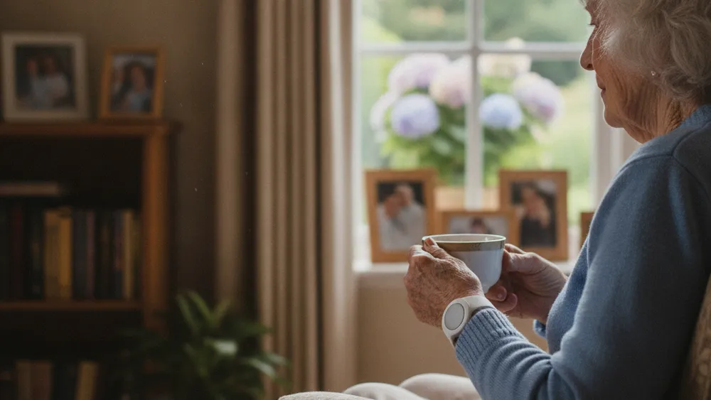 Senior portant un bracelet de teleassistance