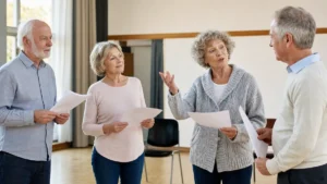 Atelier de théâtre senior pendant une répétition
