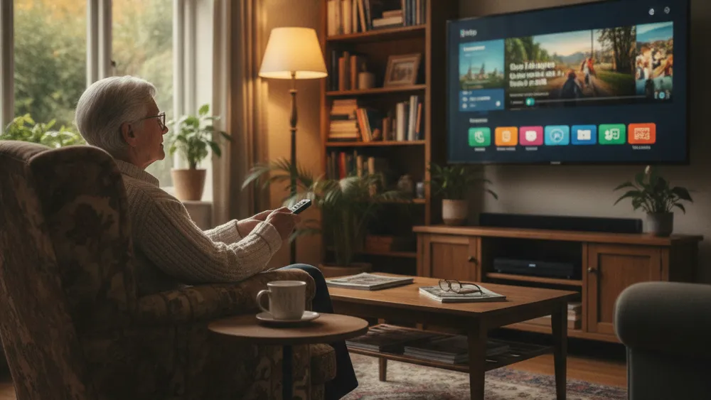 Senior utilisant une telecommande devant sa TV connectee