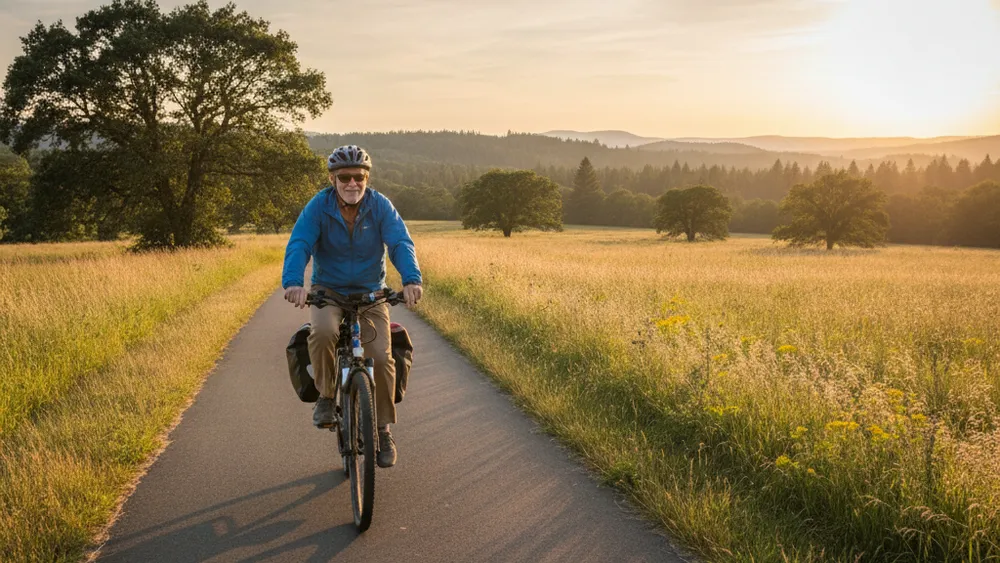 Senior faisant du velo electrique en exterieur