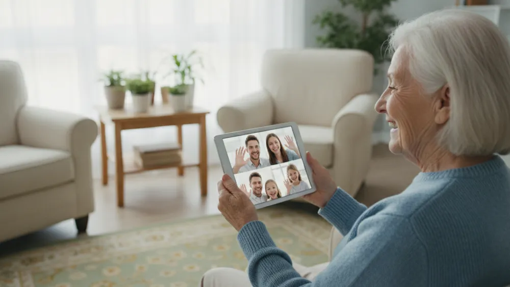 Senior en visioconference avec sa famille