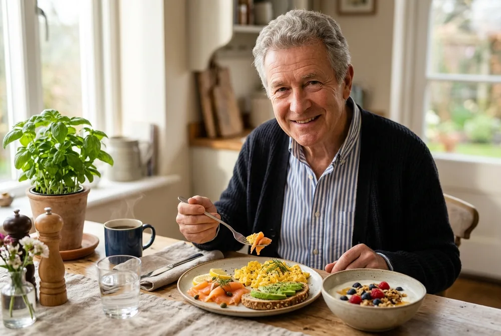 Senior prenant un petit-déjeuner riche en vitamine B12