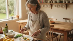 Senior femme préparant un repas riche en vitamine B12 (oeufs, poisson) dans sa cuisine