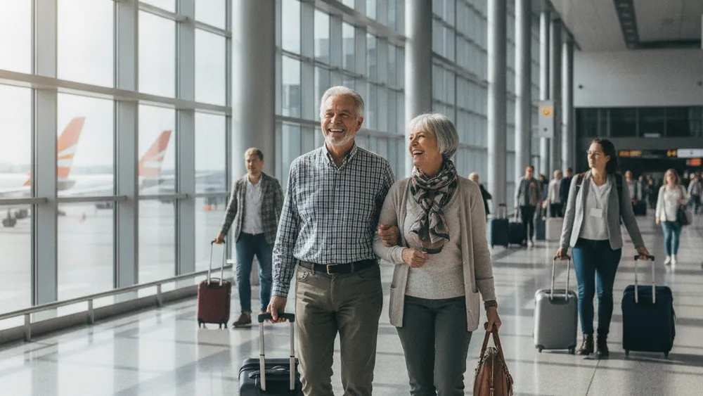 Couple de seniors voyageant avec valises